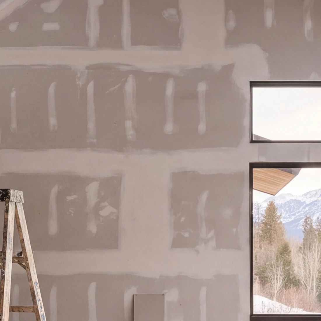 Taped seams and spotted screws on a drywall wall