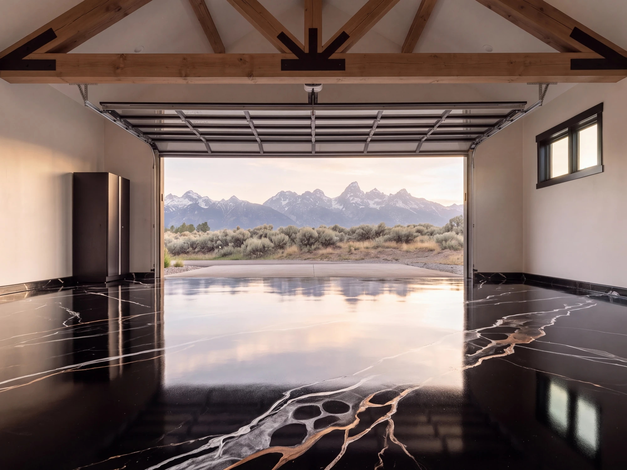 Black metallic epoxy garage floor with silver and copper veins